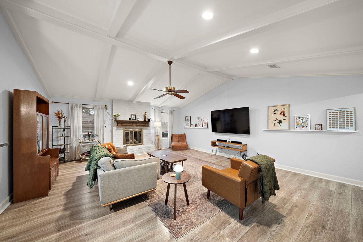 Fireplace, Interior, Living room, Recessed Lighting, Wood Texture Flooring