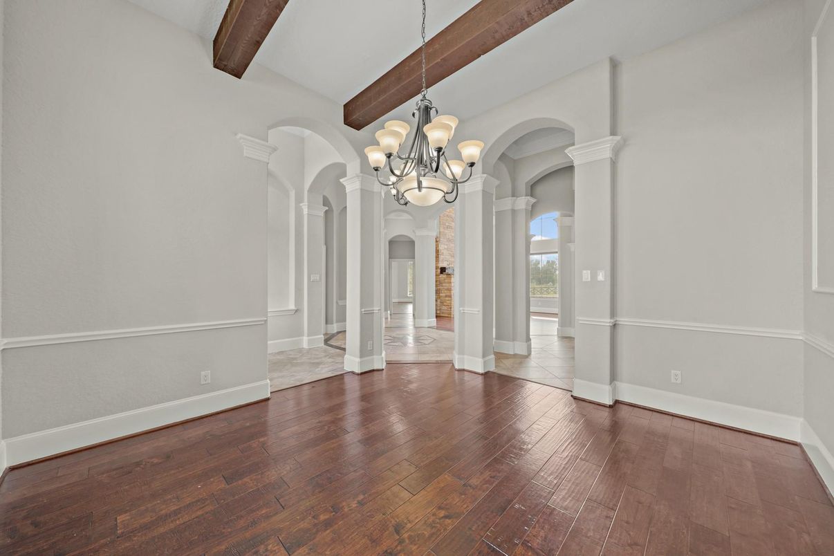 Chandelier, Empty room, Fireplace, Interior, Wooden Beams, Wood Texture Flooring