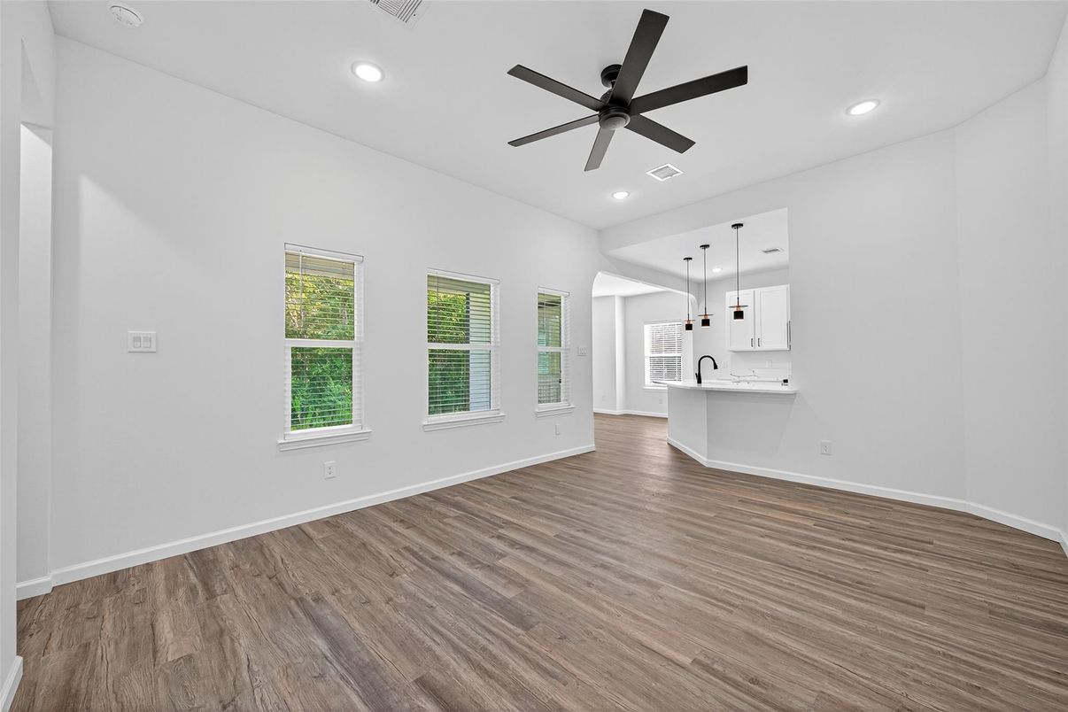 Empty room, Interior, Pendant Lights, Recessed Lighting, Wood Texture Flooring