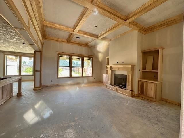 Empty room, Fireplace, Interior, Recessed Lighting, Wooden Beams