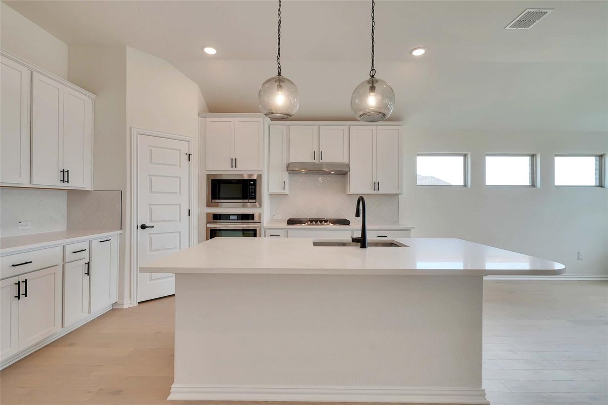 Interior, Kitchen, Pendant Lights, Recessed Lighting, Stainless Steel Appliances, Wood Texture Flooring