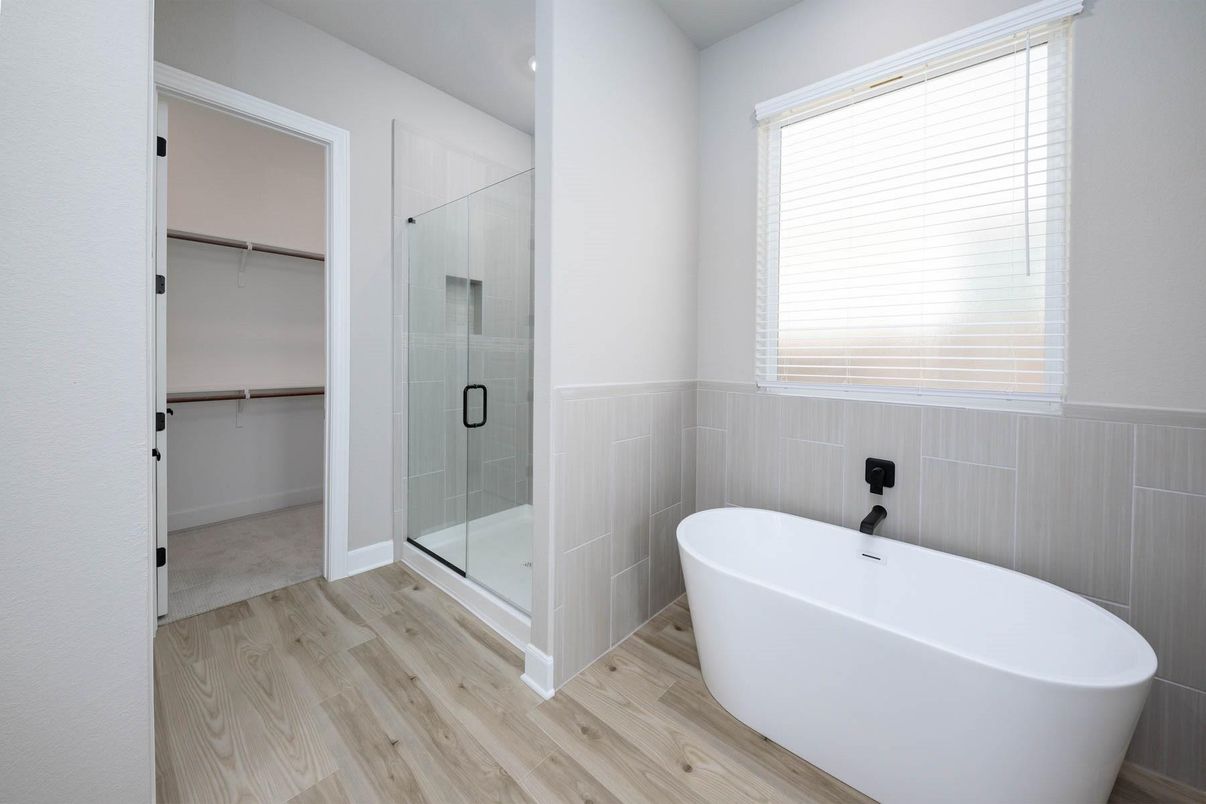 Bathroom, Free Standing Baths, Glass Shower, Interior, Recessed Lighting, Walk-in Closets, Wood Texture Flooring