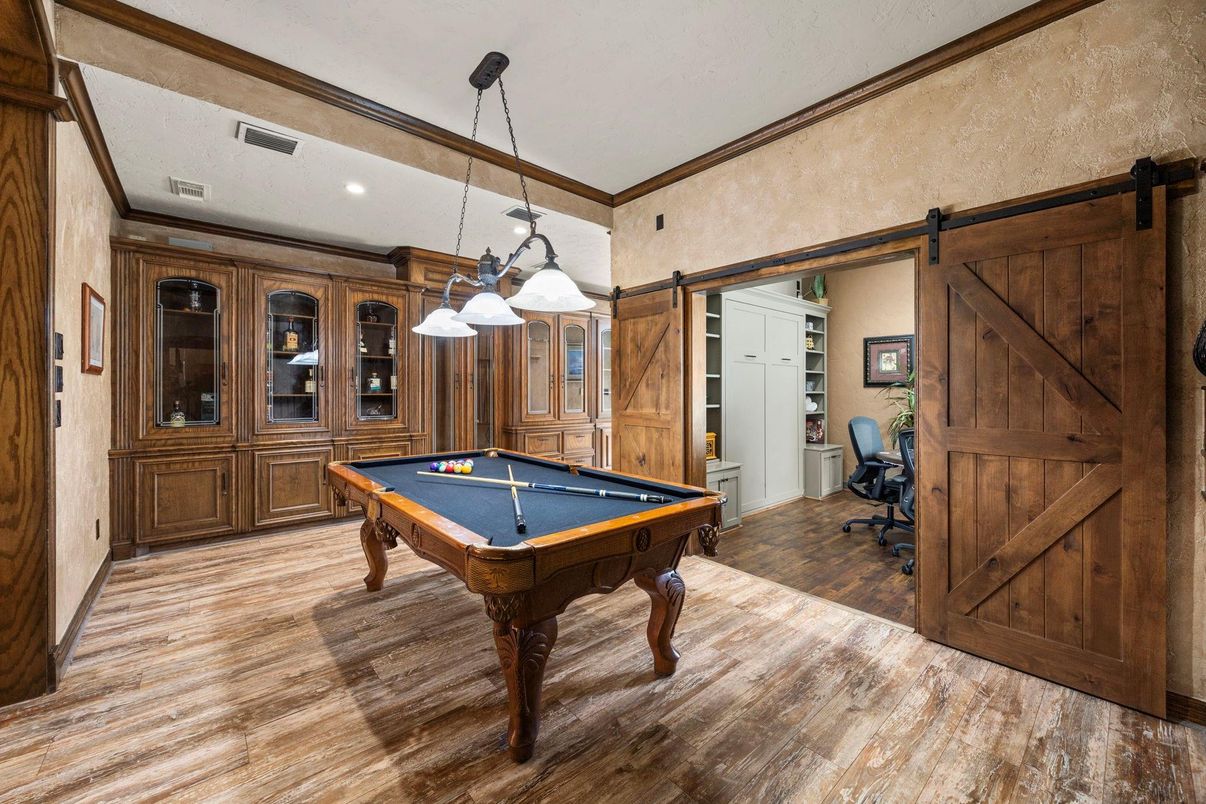 Billiard Table, Chandelier, Game Room, Interior, Pendant Lights, Recessed Lighting, Wood Texture Flooring