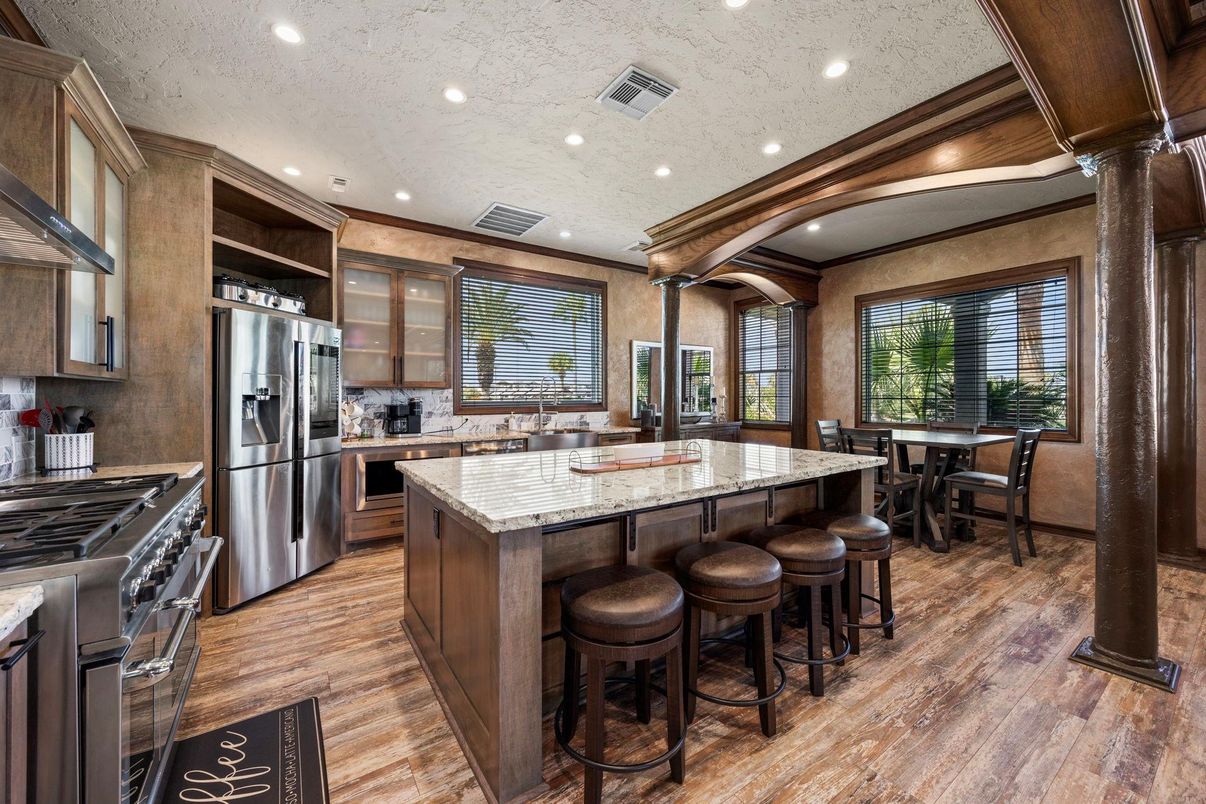 Dining room, Interior, Kitchen, Recessed Lighting, Stainless Steel Appliances, Wood Texture Flooring