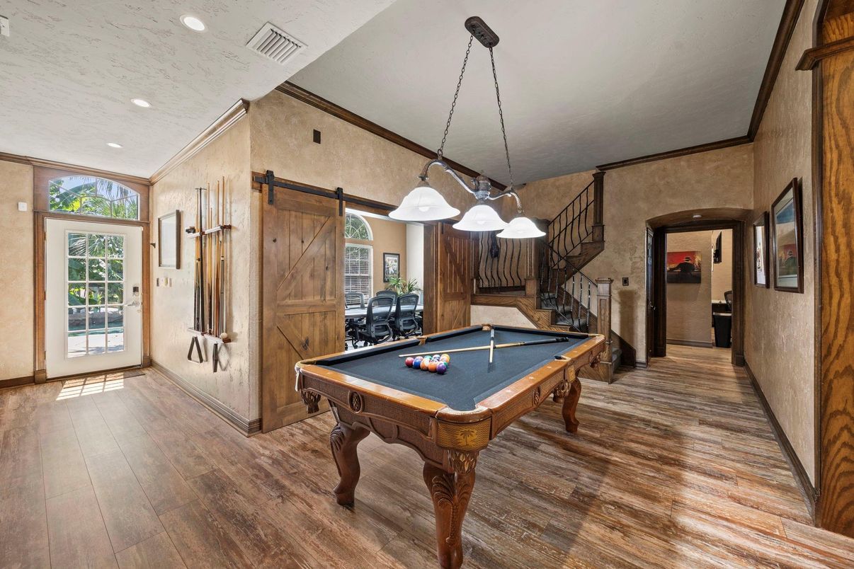 Billiard Table, Game Room, Interior, Pendant Lights, Recessed Lighting, Wood Texture Flooring