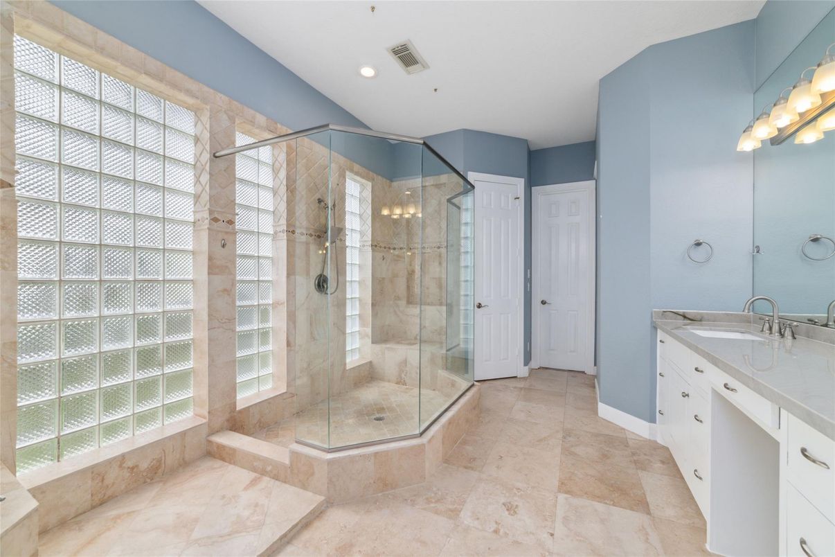 Bathroom, Glass Shower, Interior, Recessed Lighting