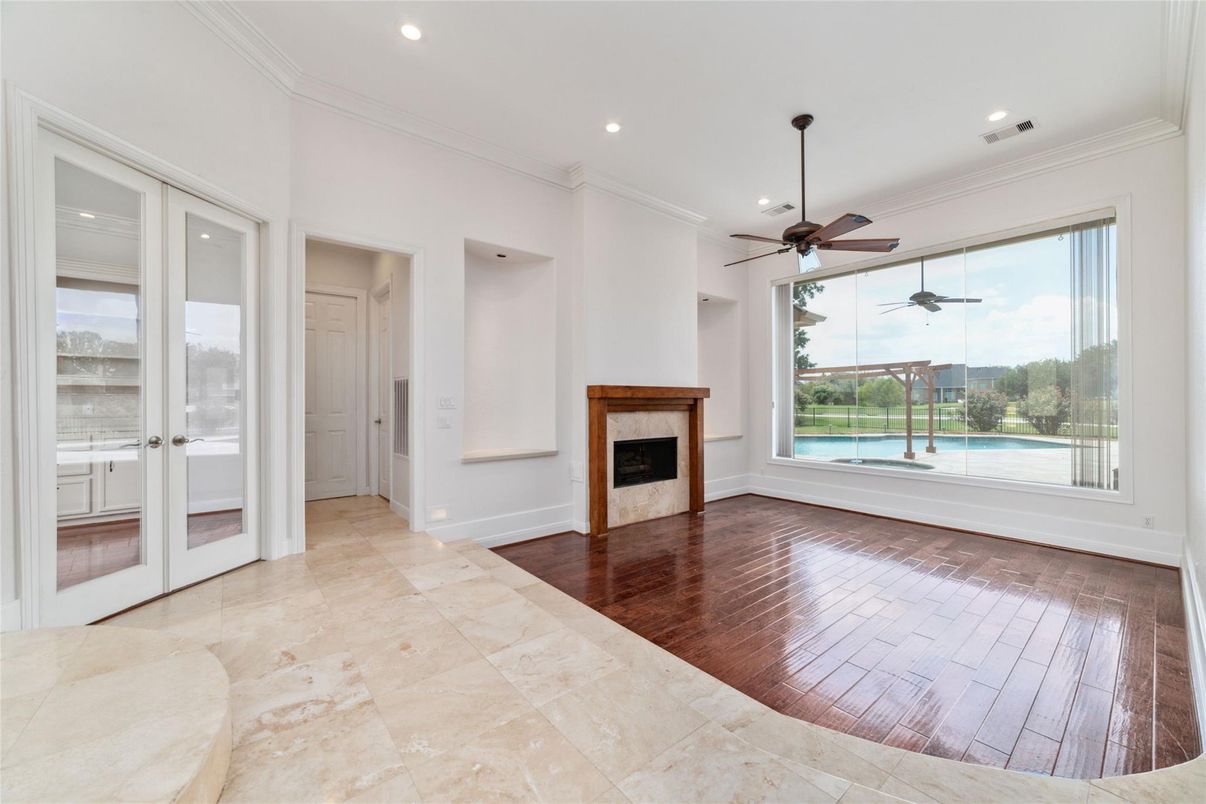 Empty room, Fireplace, Interior, Recessed Lighting, Wood Texture Flooring