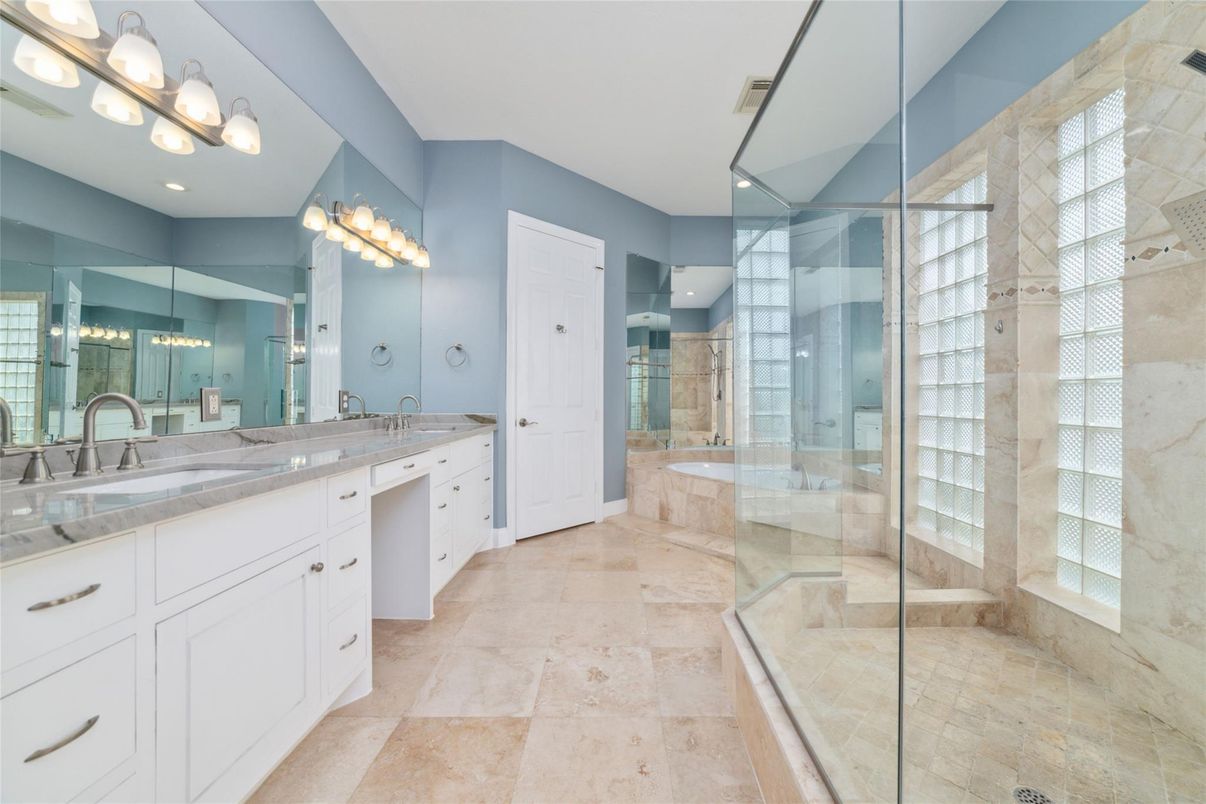 Bathroom, Dual Sink Vanities, Glass Shower, Interior, Recessed Lighting, Tile Countertops
