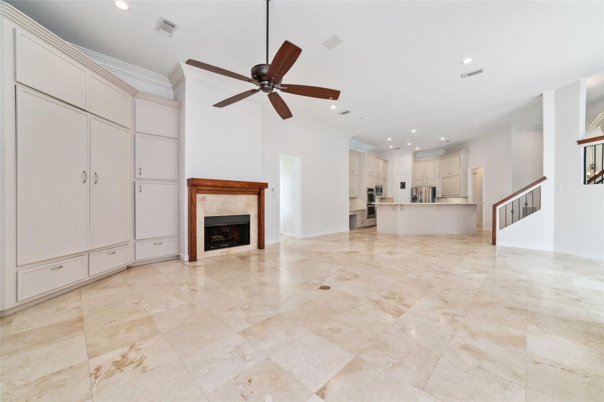 Empty room, Fireplace, Interior, Kitchen, Recessed Lighting