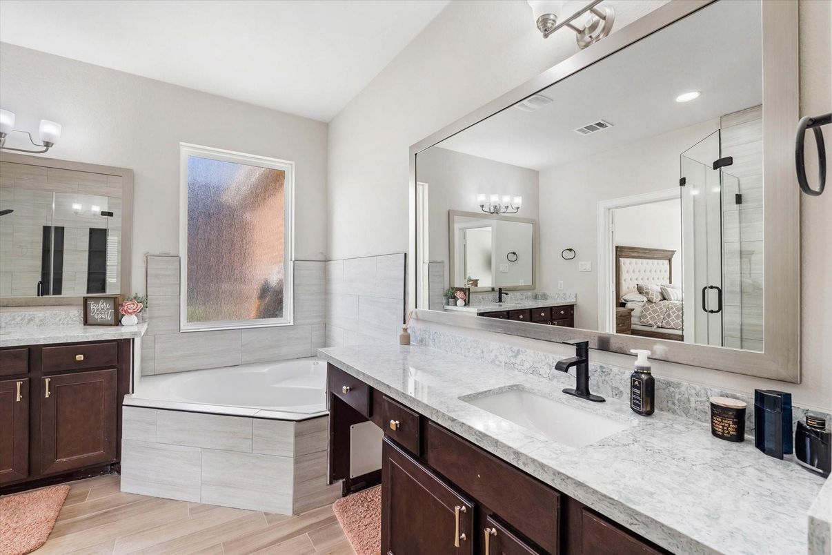 Bathroom, Dual Sink Vanities, Interior, Recessed Lighting, Wood Texture Flooring