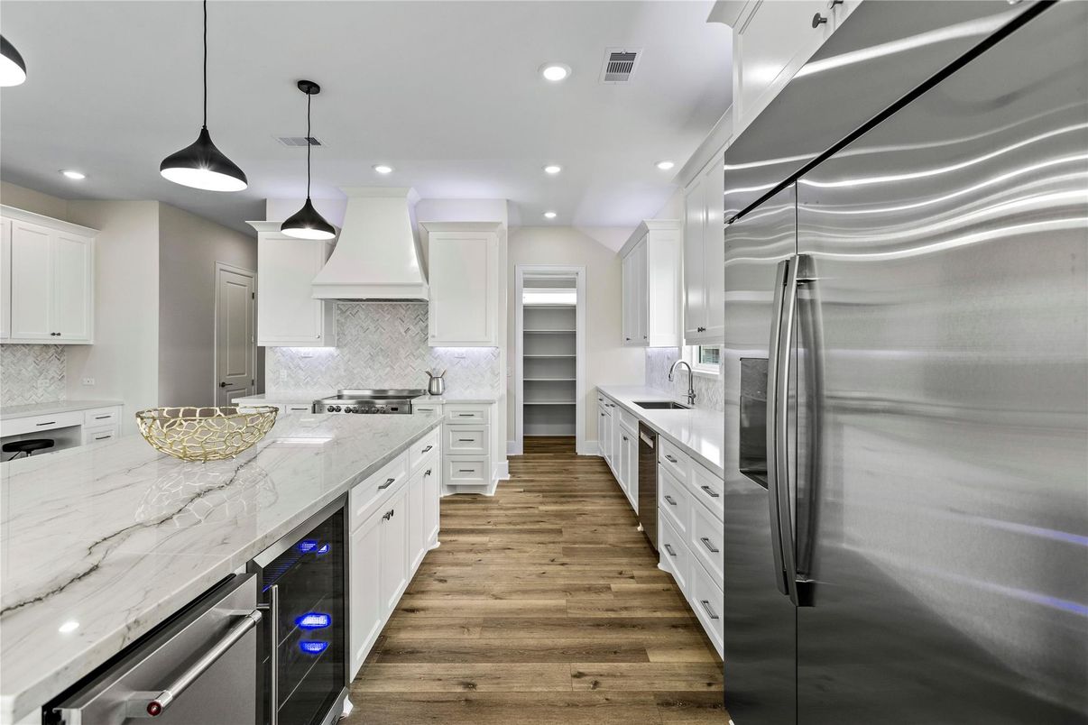 Interior, Kitchen, Pendant Lights, Recessed Lighting, Stainless Steel Appliances, Wood Texture Flooring