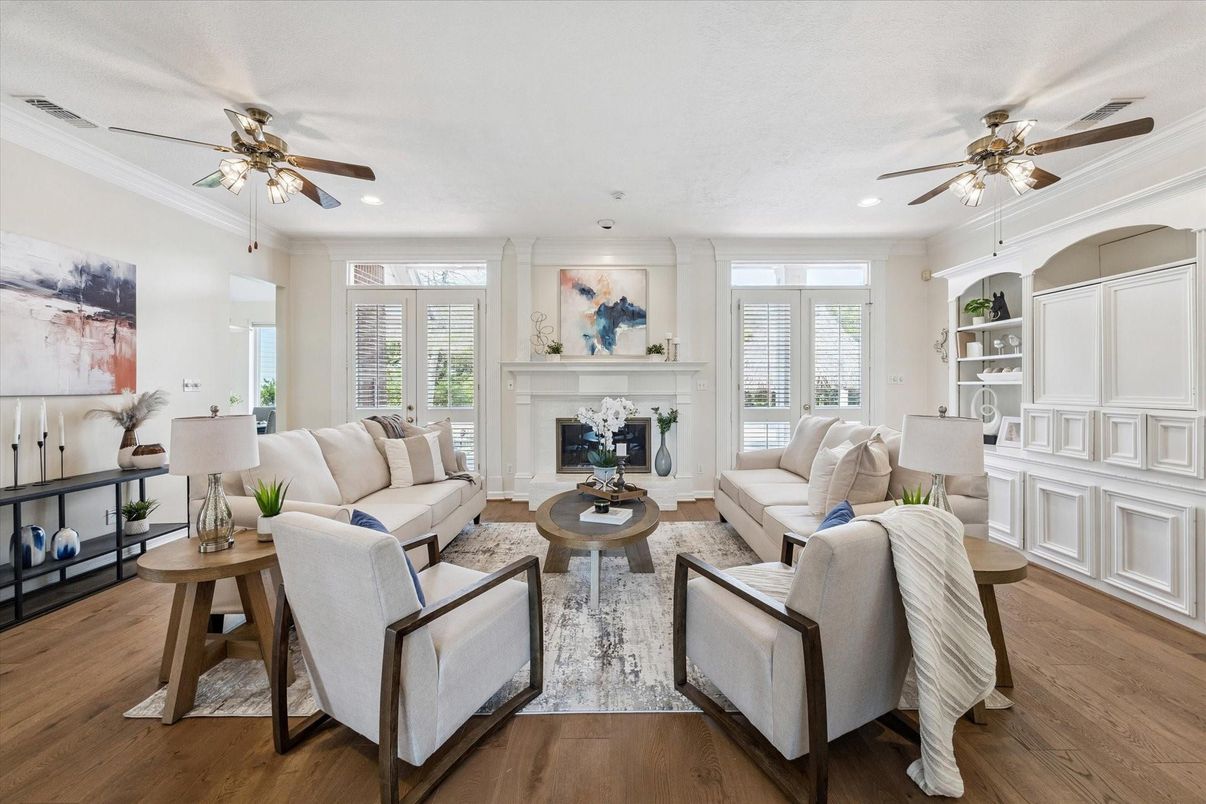 Fireplace, Interior, Living room, Recessed Lighting, Wood Texture Flooring