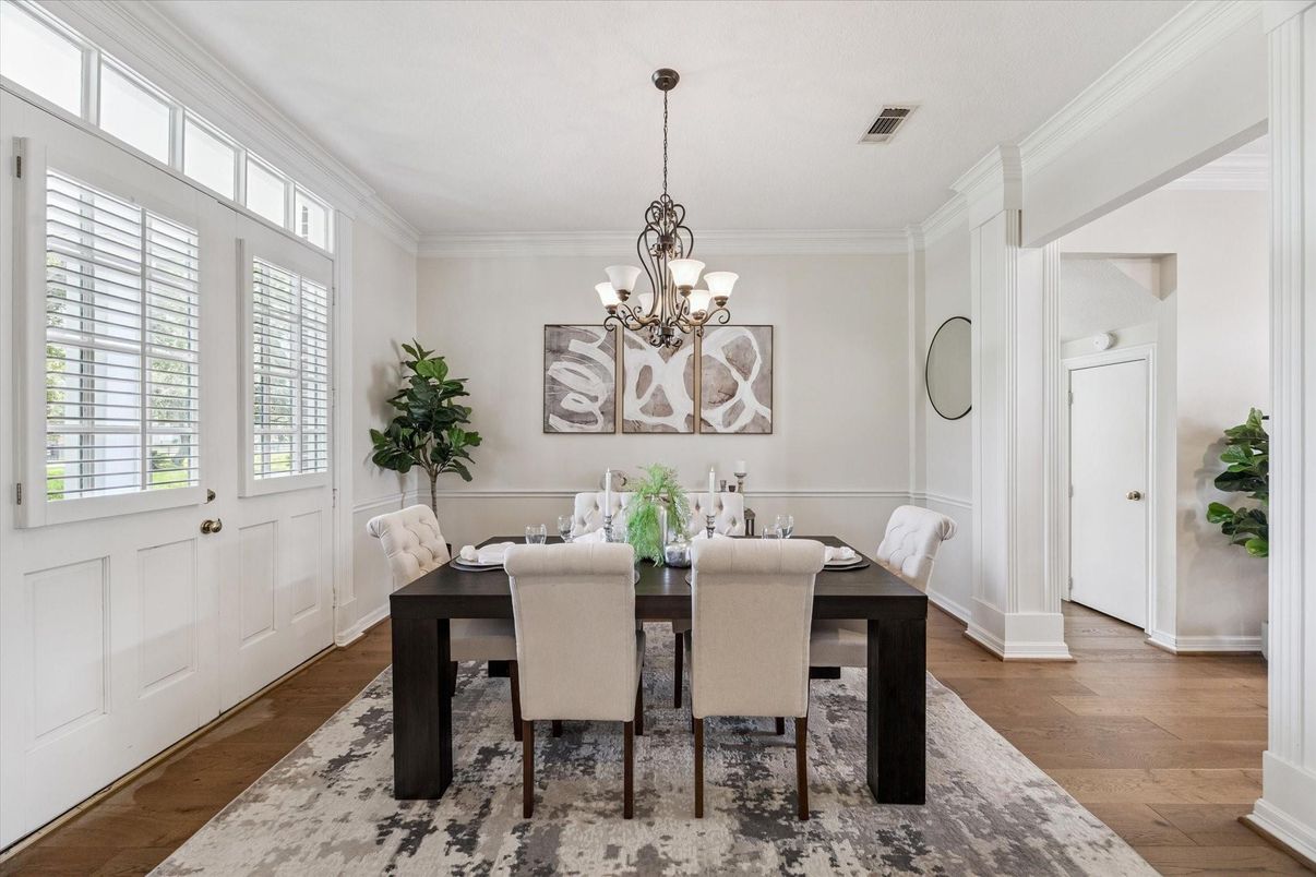Chandelier, Dining room, Interior, Wood Texture Flooring
