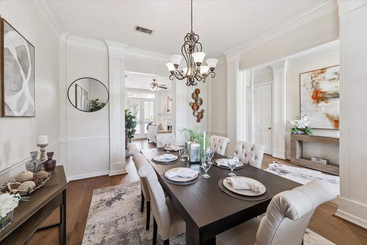 Chandelier, Dining room, Interior, Wood Texture Flooring
