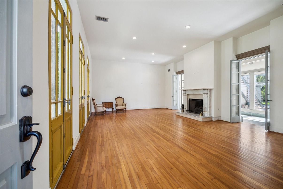 Empty room, Fireplace, Interior, Recessed Lighting, Wood Texture Flooring