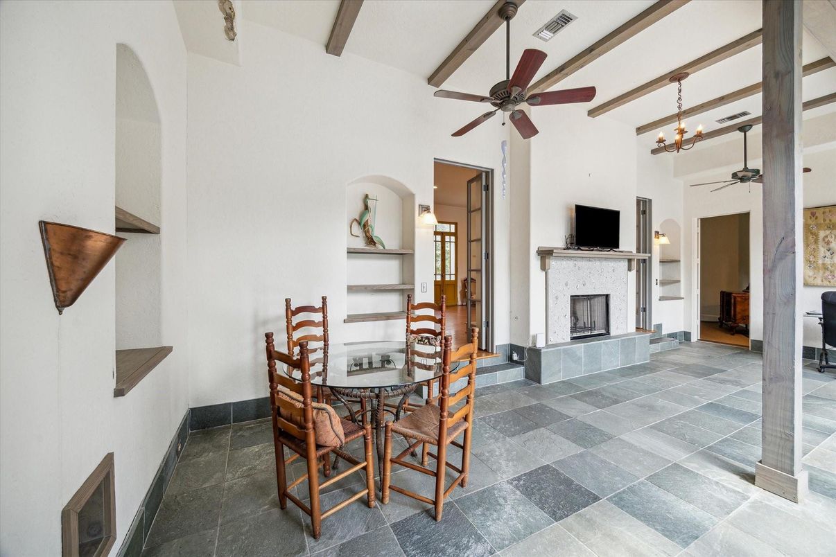 Dining room, Fireplace, Interior, Pendant Lights, Wooden Beams
