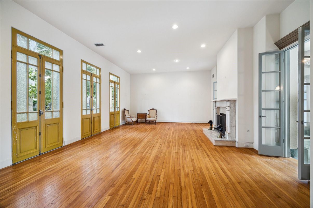 Empty room, Fireplace, Interior, Recessed Lighting, Wood Texture Flooring