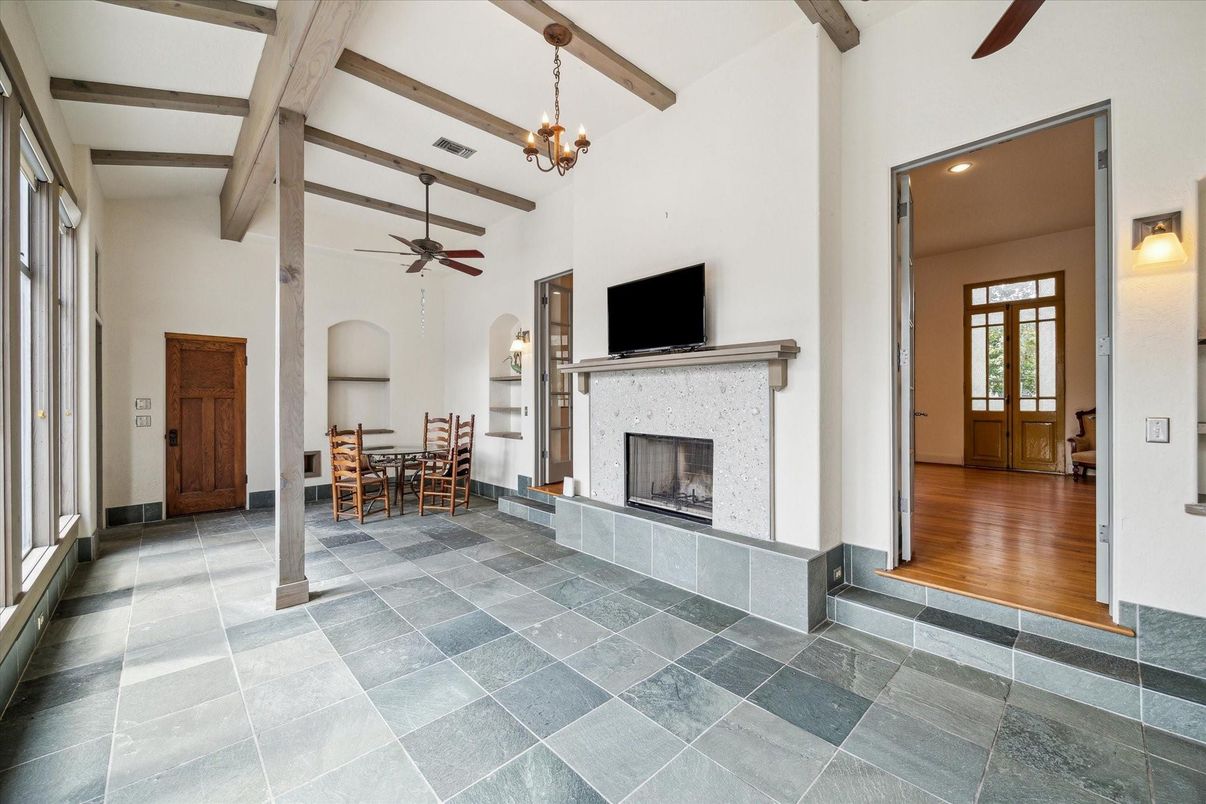 Chandelier, Dining room, Fireplace, Interior, Recessed Lighting, Wooden Beams, Wood Texture Flooring