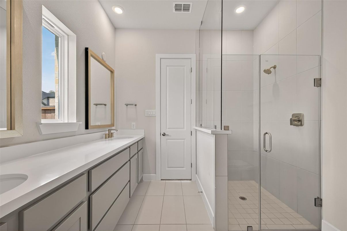 Bathroom, Dual Sink Vanities, Glass Shower, Interior, Recessed Lighting