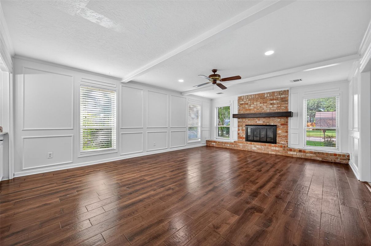 Empty room, Fireplace, Interior, Recessed Lighting, Wood Texture Flooring
