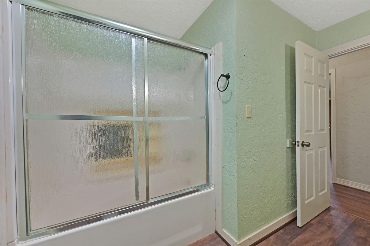 Bathroom, Glass Shower, Interior, Wood Texture Flooring