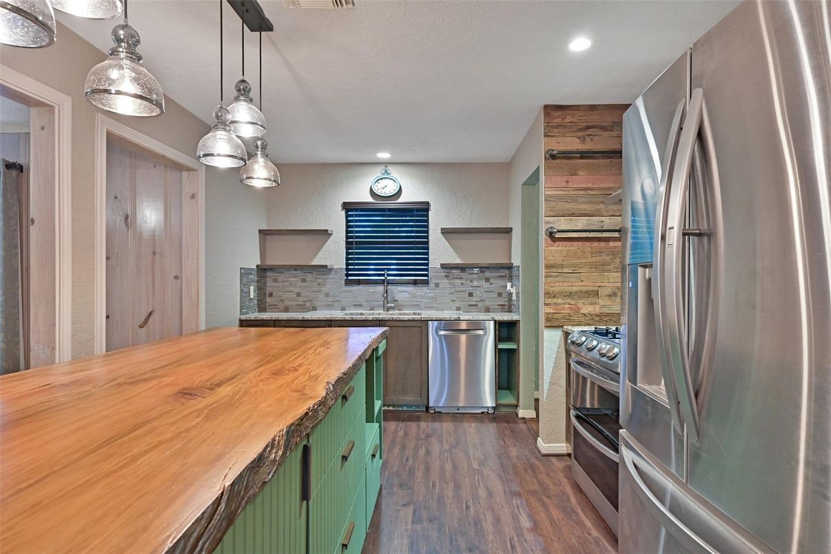 Interior, Kitchen, Pendant Lights, Recessed Lighting, Stainless Steel Appliances, Wood Texture Flooring