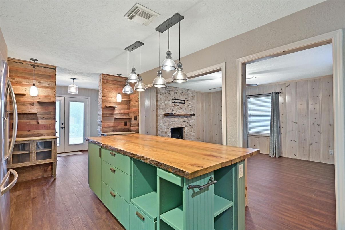 Fireplace, Interior, Kitchen, Pendant Lights, Stone Walls, Wood Texture Flooring, Wooden Walls