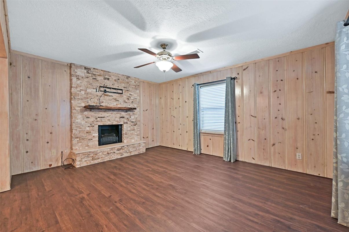 Empty room, Fireplace, Interior, Stone Walls, Wood Texture Flooring, Wooden Walls