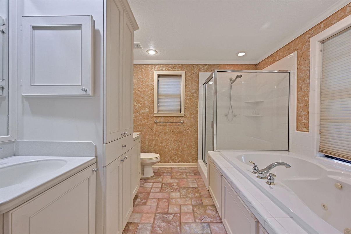 Bathroom, Dual Sink Vanities, Glass Shower, Interior, Recessed Lighting, Tile Countertops