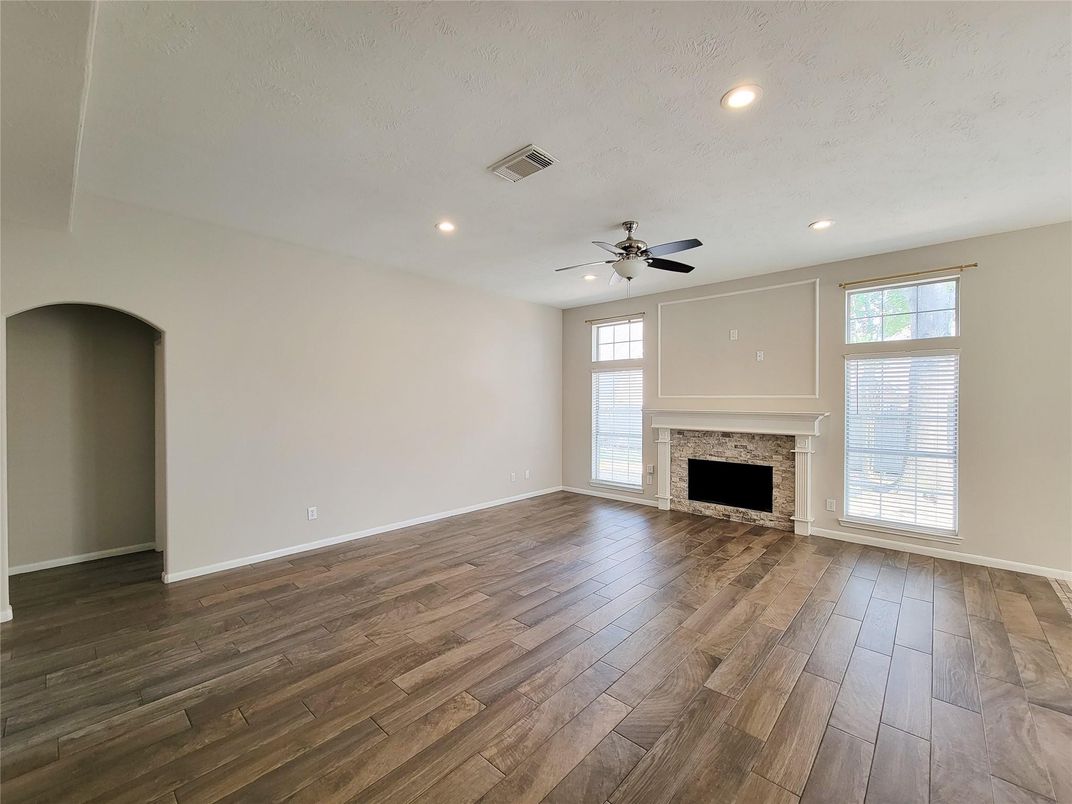 Empty room, Fireplace, Interior, Recessed Lighting, Wood Texture Flooring