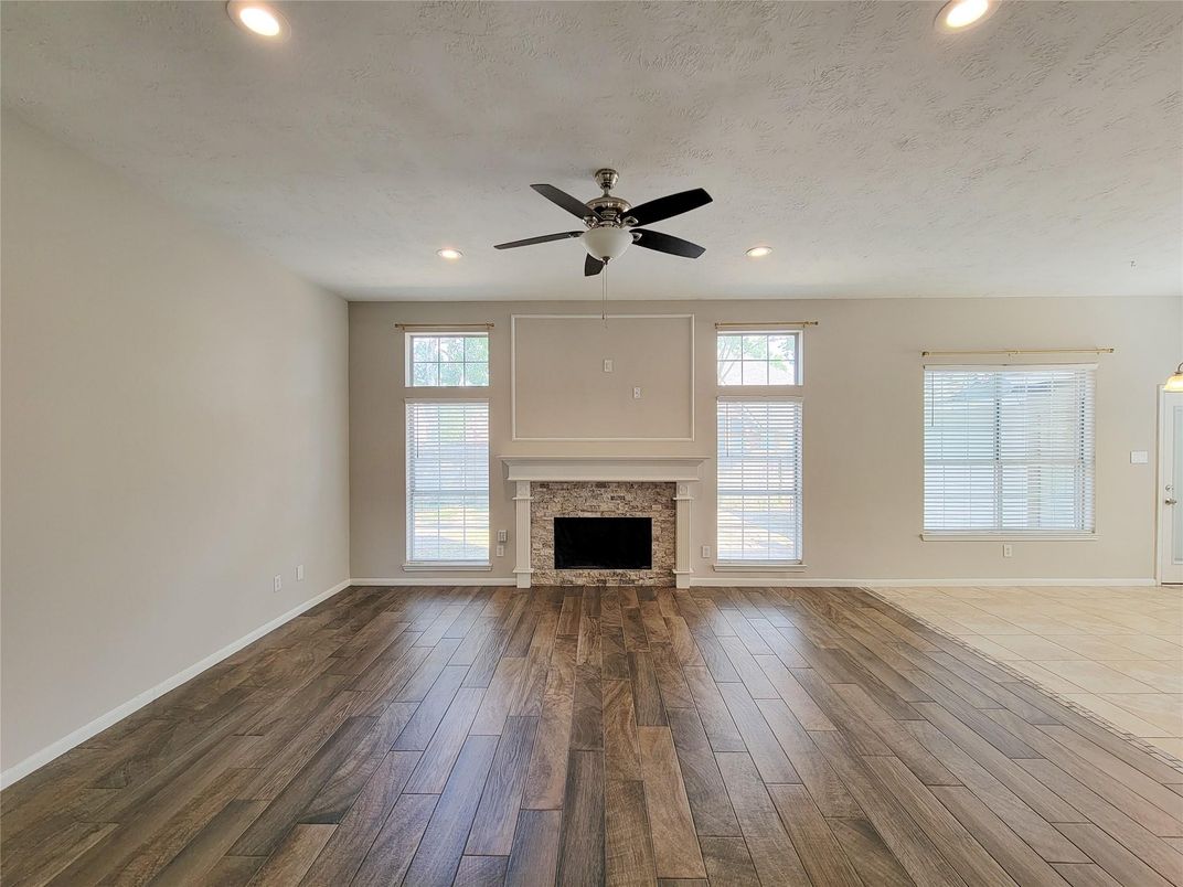 Empty room, Fireplace, Interior, Recessed Lighting, Wood Texture Flooring
