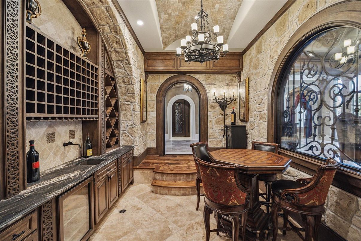 Chandelier, Dining room, Interior, Recessed Lighting, Stone Walls, Wine Storage