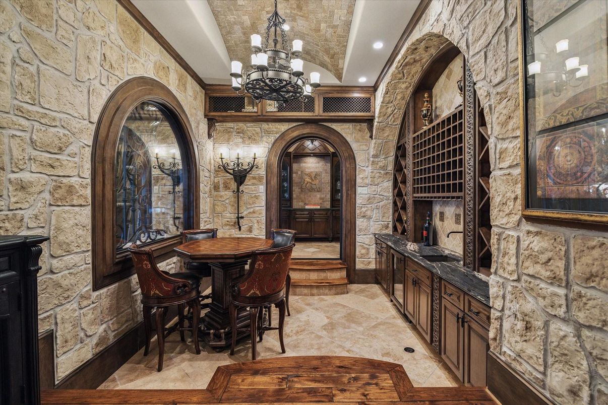 Chandelier, Interior, Recessed Lighting, Stone Walls, Wine Storage