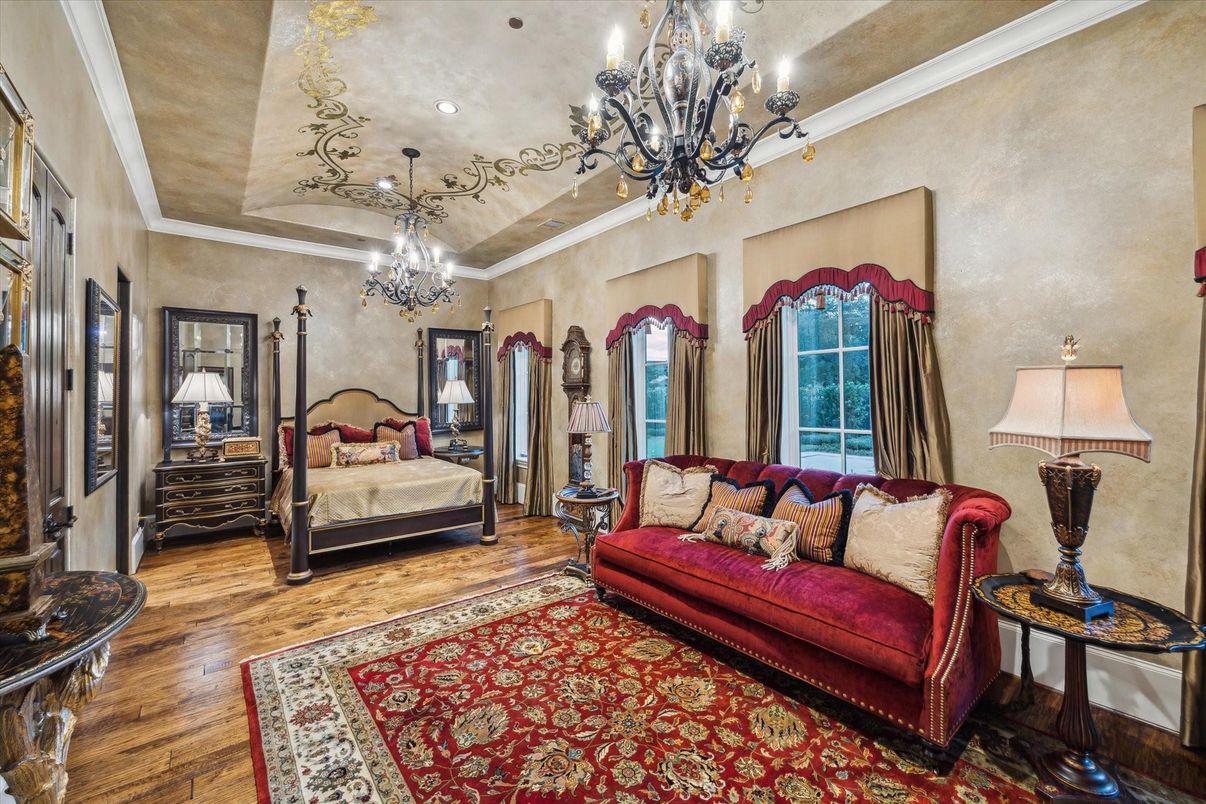 Bedroom, Chandelier, Interior, Recessed Lighting, Wood Texture Flooring