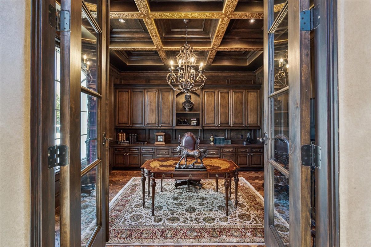 Chandelier, Home Office, Interior, Recessed Lighting, Wooden Beams, Wooden Ceilings, Wood Texture Flooring