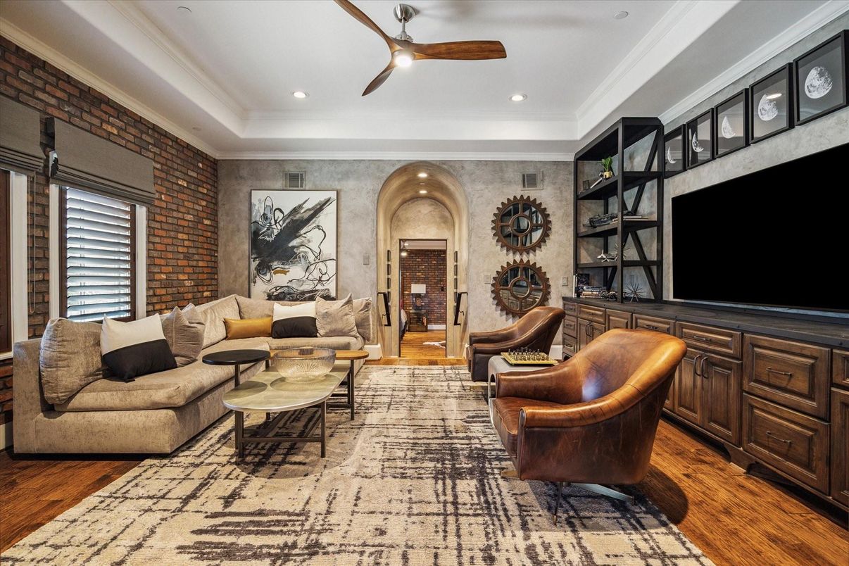 Interior, Living room, Recessed Lighting, Stone Walls, Wood Texture Flooring