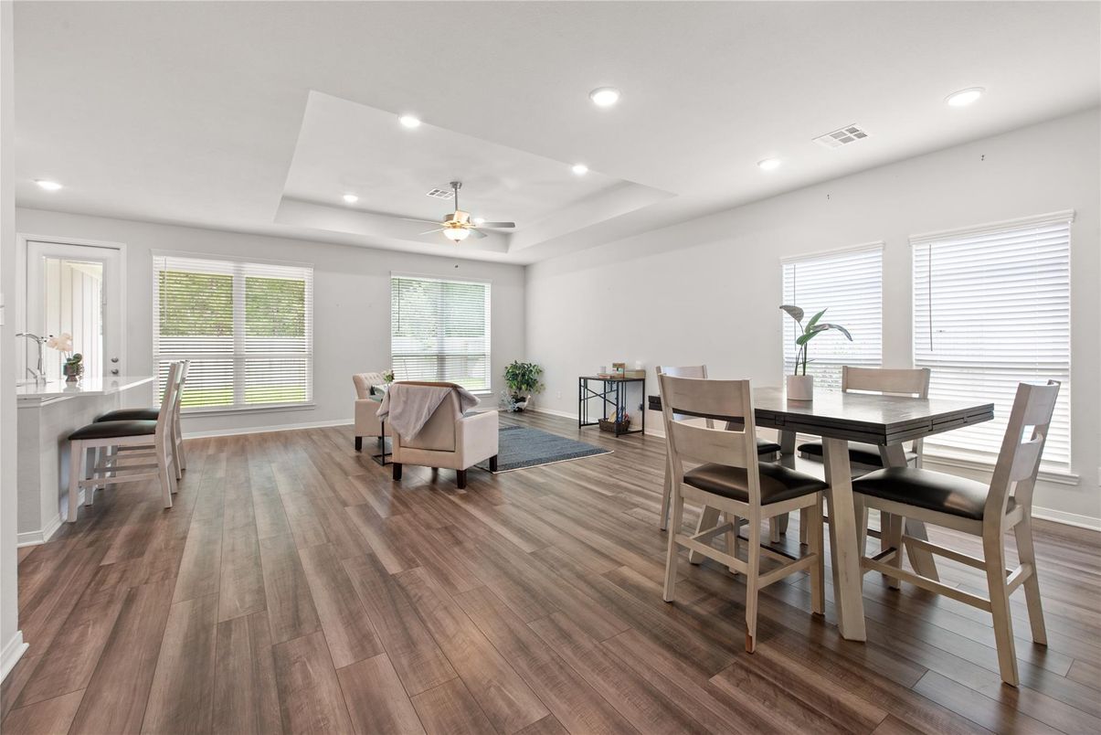 Dining room, Interior, Living room, Recessed Lighting, Wood Texture Flooring