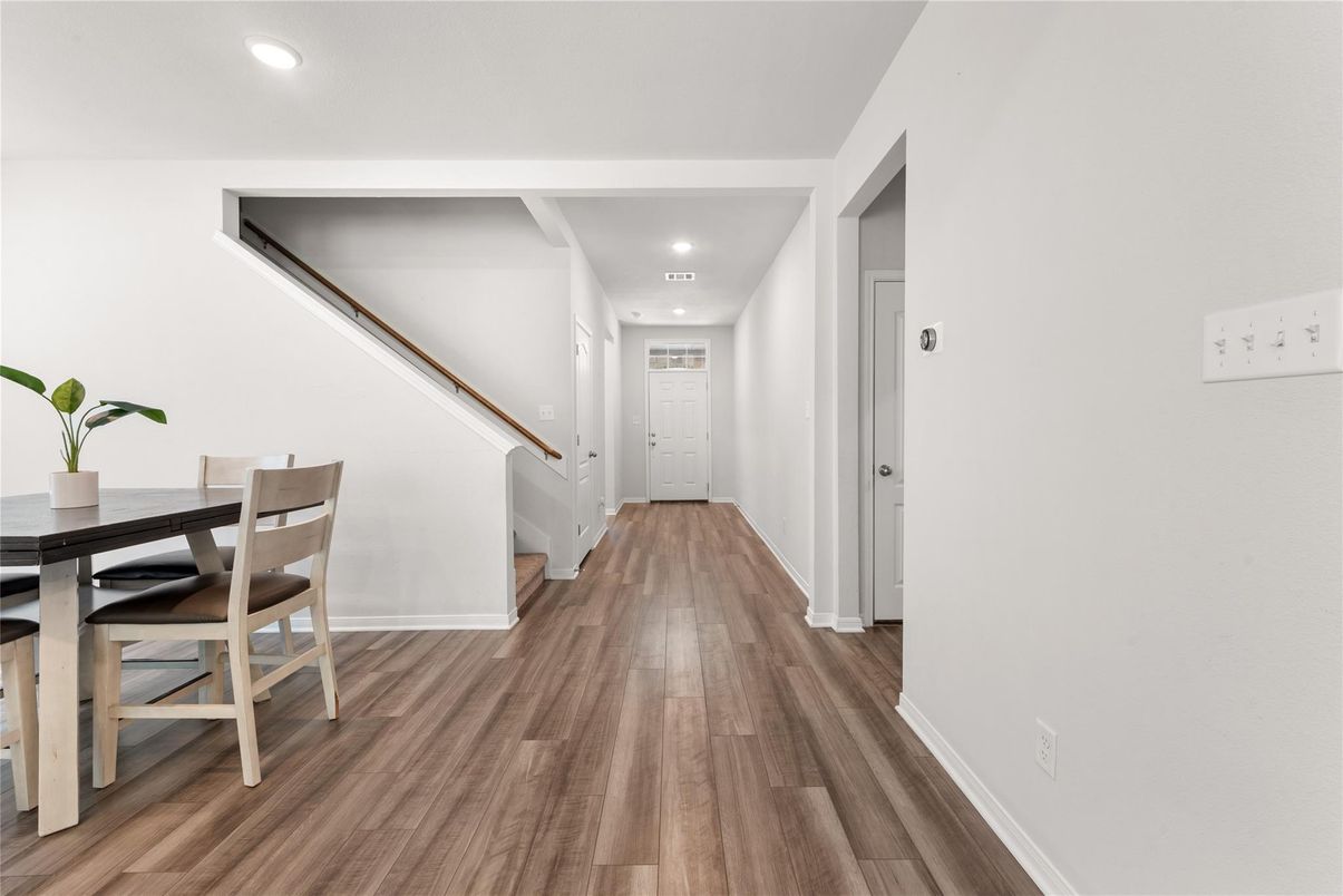 Dining room, Interior, Recessed Lighting, Wood Texture Flooring