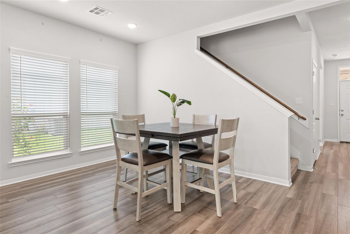 Dining room, Interior, Recessed Lighting, Wood Texture Flooring