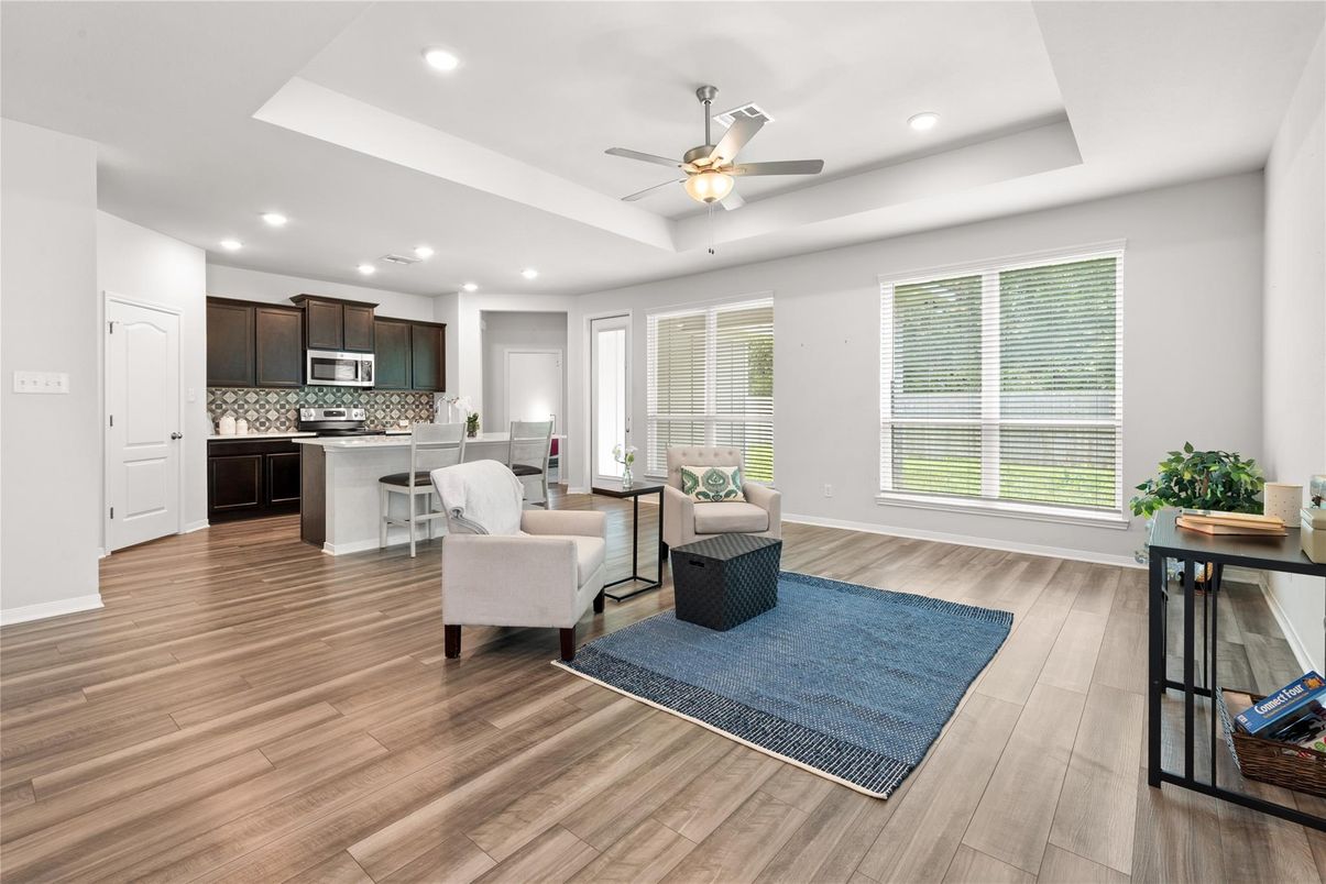 Interior, Kitchen, Living room, Recessed Lighting, Wood Texture Flooring
