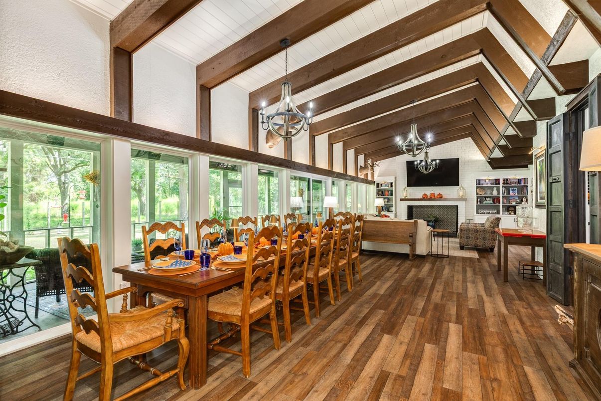 Chandelier, Dining room, Fireplace, Interior, Living room, Pendant Lights, Wooden Beams, Wood Texture Flooring