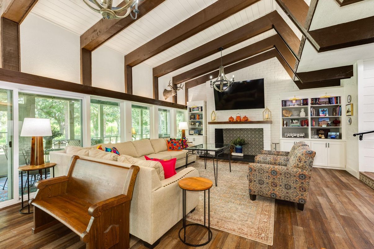 Fireplace, Interior, Living room, Stone Walls, Wooden Beams, Wood Texture Flooring