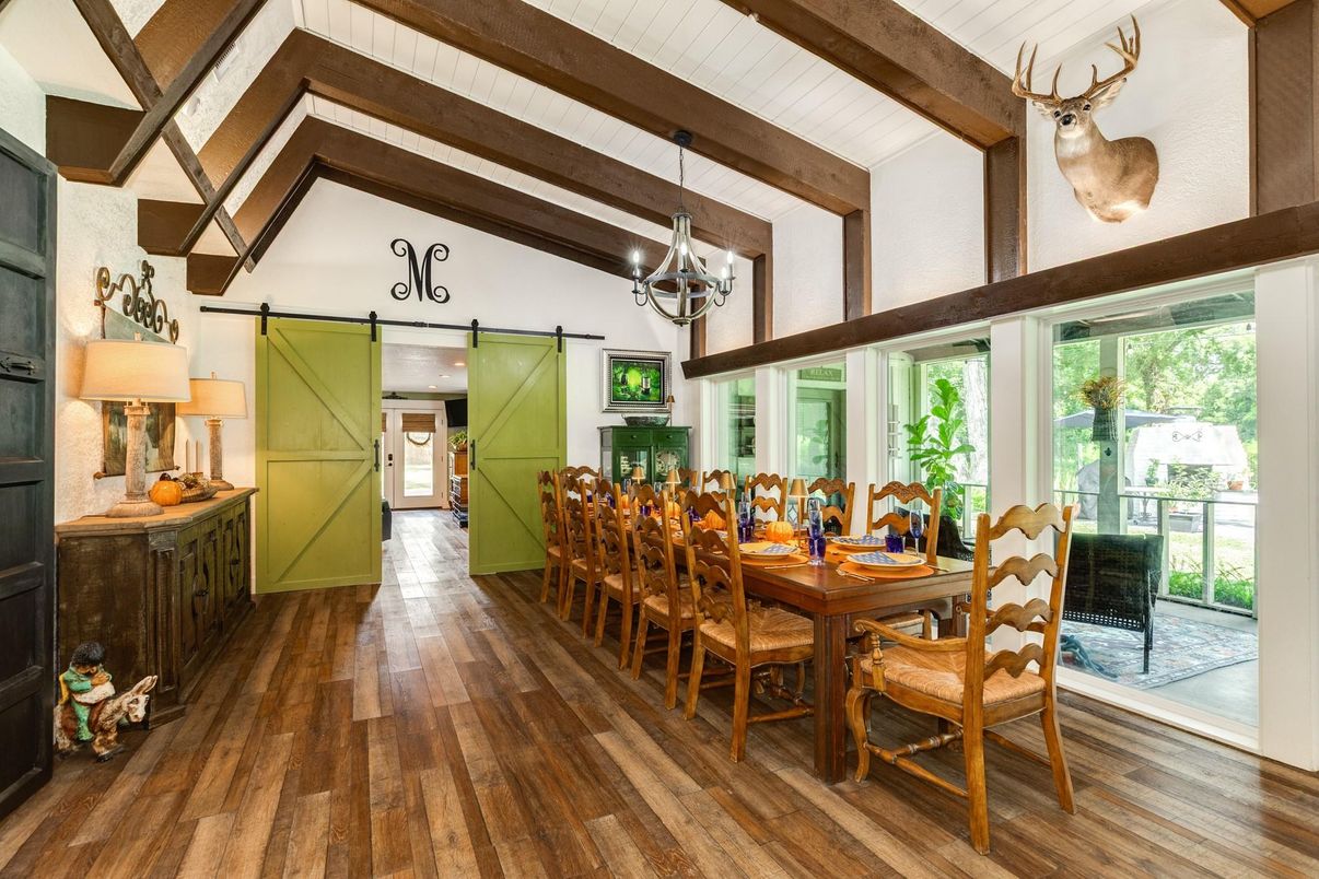 Chandelier, Dining room, Interior, Pendant Lights, Wooden Beams, Wood Texture Flooring