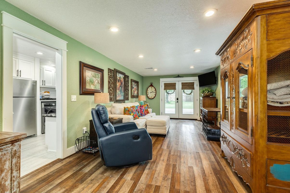 Interior, Kitchen, Living room, Recessed Lighting, Stainless Steel Appliances, Wood Texture Flooring