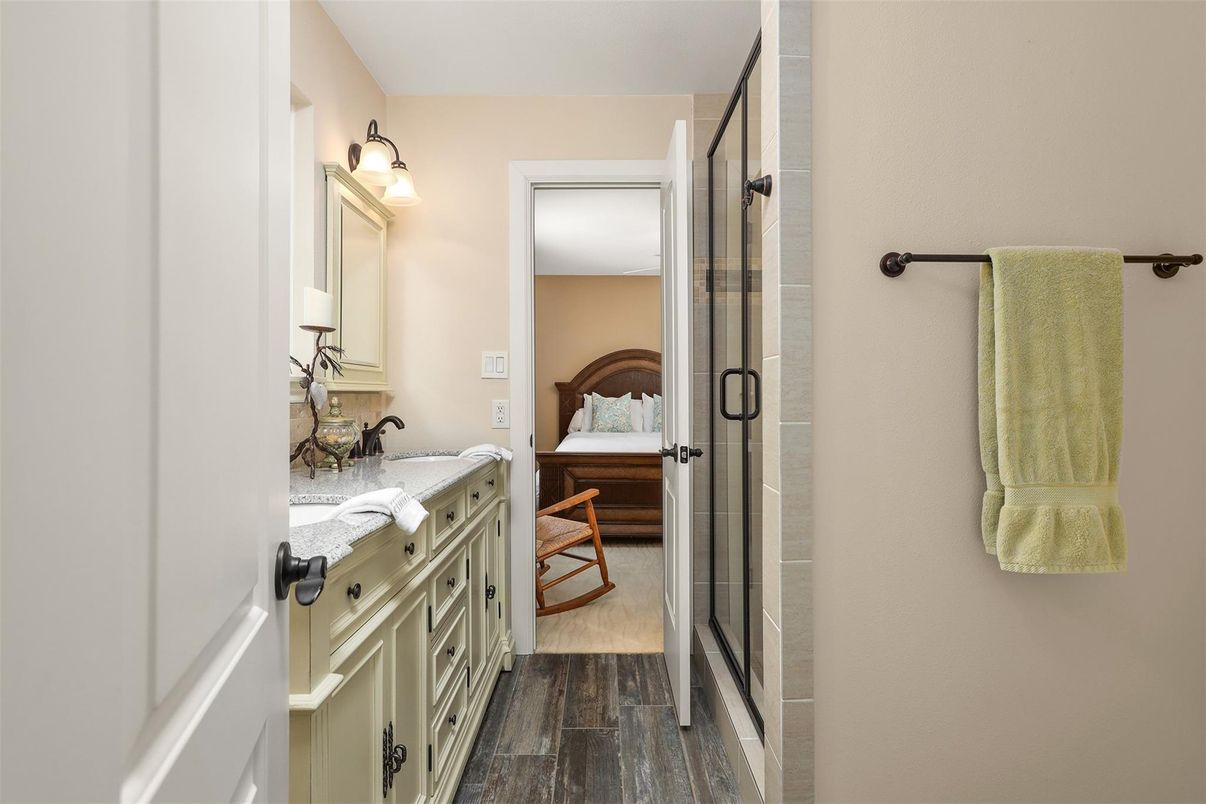Bathroom, Glass Shower, Interior, Tile Countertops, Wood Texture Flooring