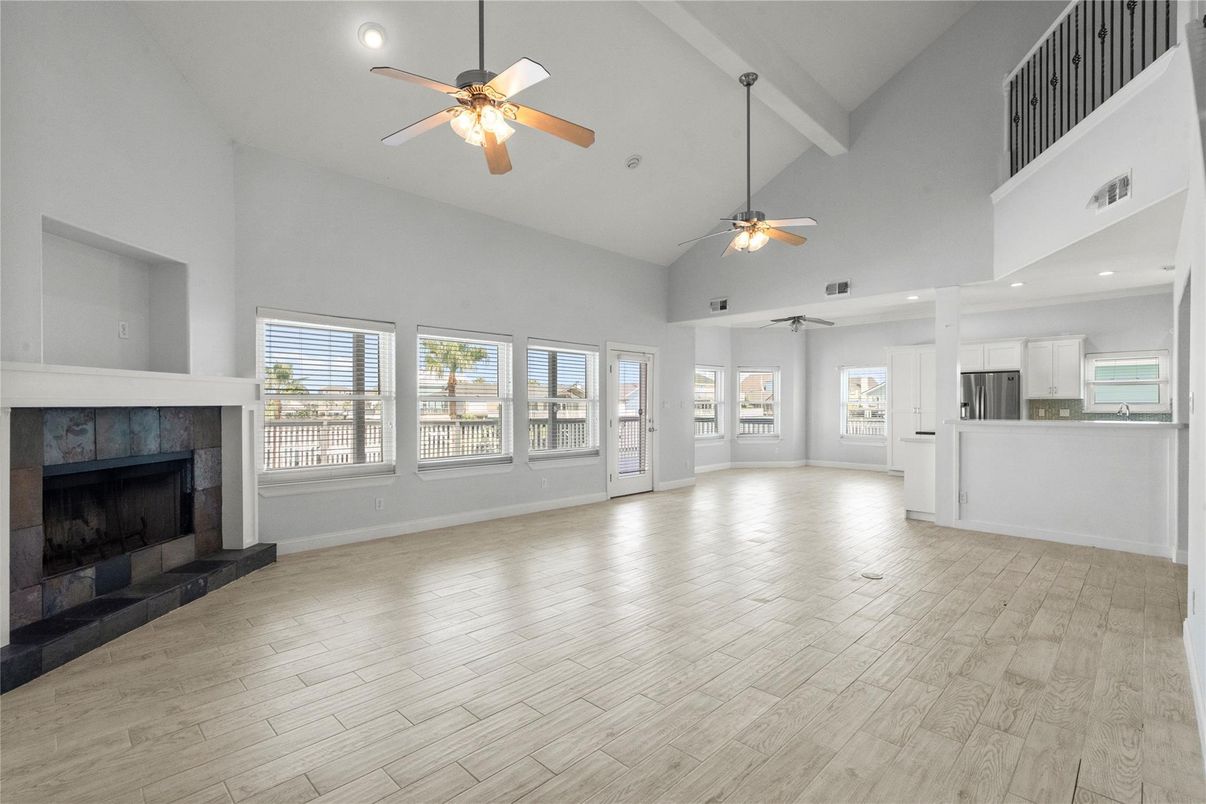 Empty room, Fireplace, Interior, Recessed Lighting, Wood Texture Flooring