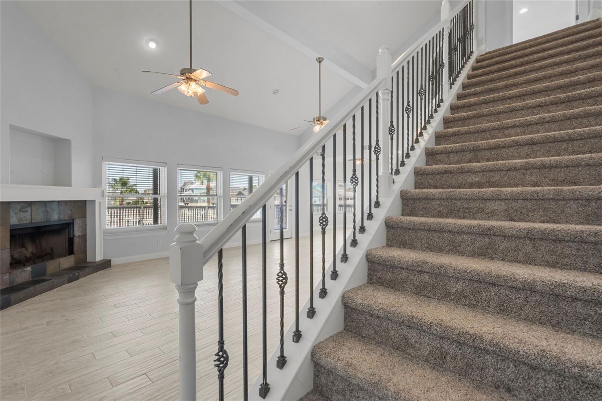 Fireplace, Interior, Recessed Lighting, Wood Texture Flooring