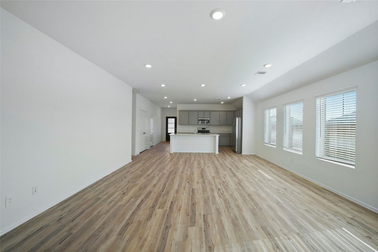 Empty room, Interior, Kitchen, Recessed Lighting, Wood Texture Flooring