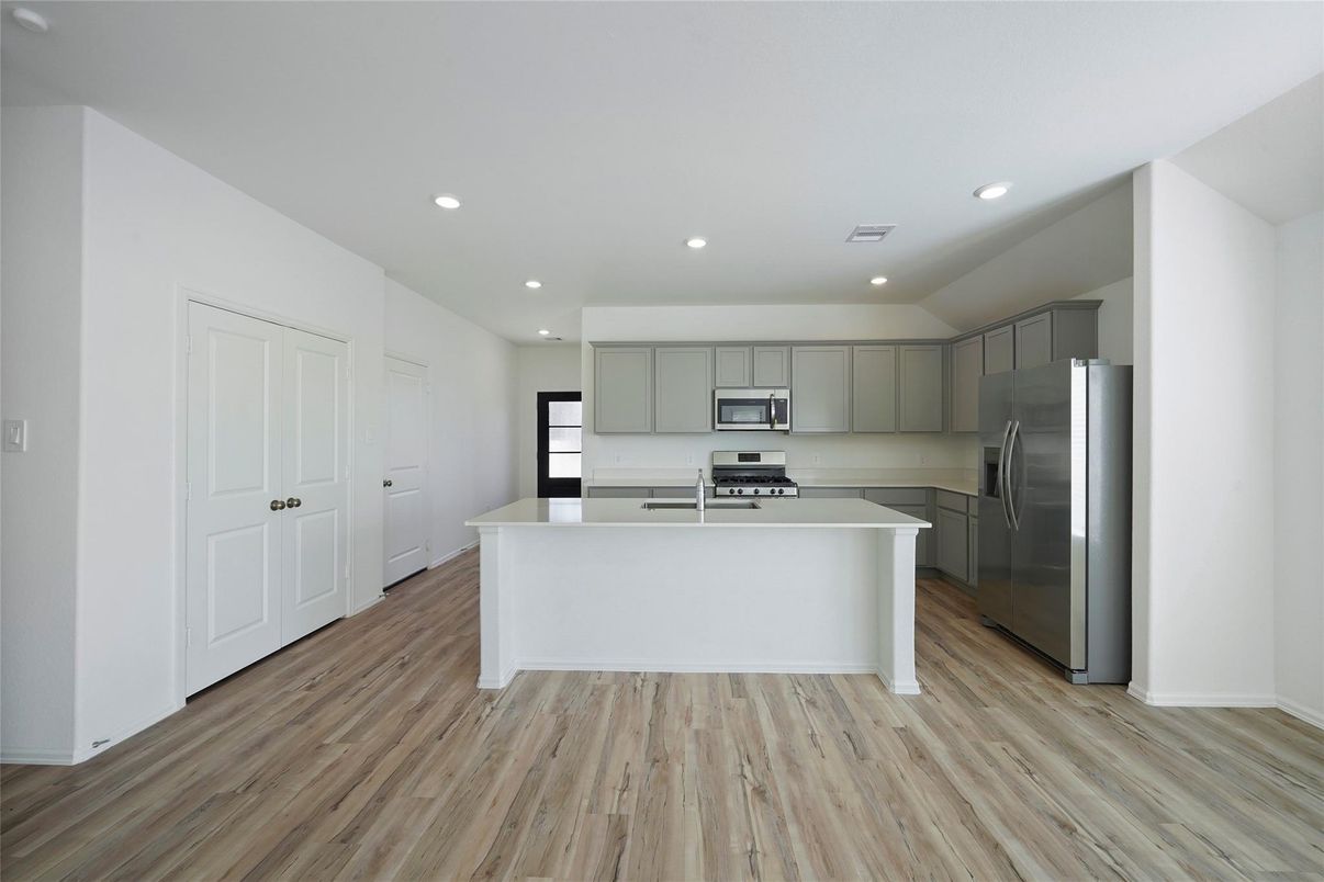 Interior, Kitchen, Recessed Lighting, Stainless Steel Appliances, Wood Texture Flooring