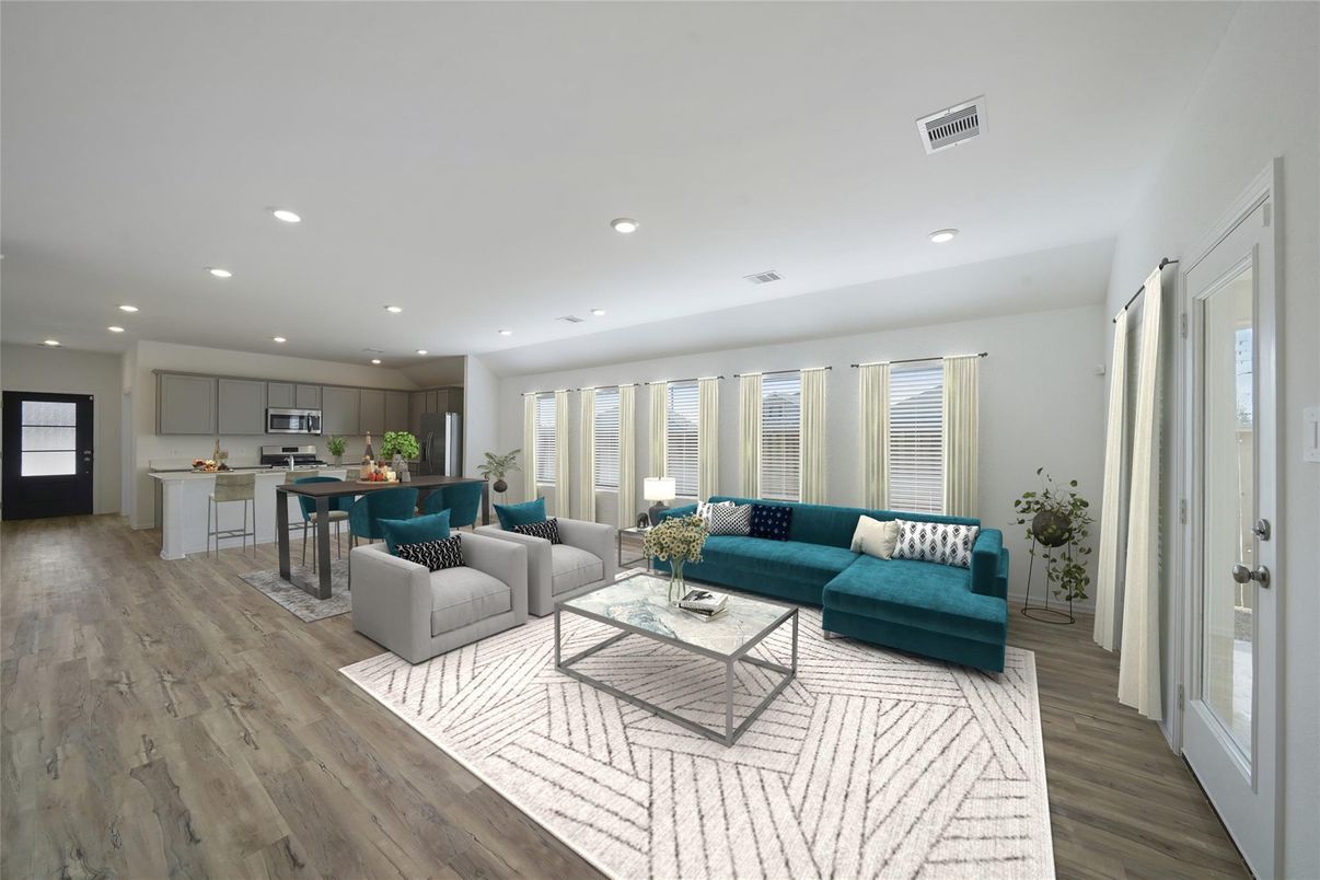 Interior, Kitchen, Living room, Recessed Lighting, Wood Texture Flooring